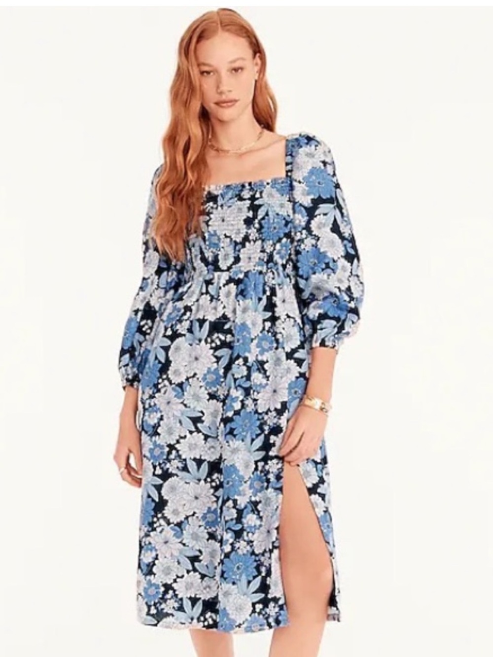 J.Crew Linen Daydream Zinnia Floral Midi Dress Blue Size L Cottagecore
